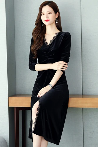 

Korean A-line Sexy Lace Fashion Dress Gold Velvet Plus Size V Neck Dresses Casual Brief Loose Vintage Summer Dress