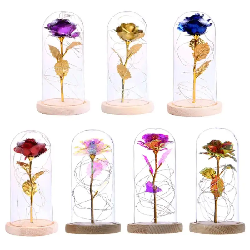 

20LED Wooden Base Night Light Rose Flower Glass Dome Copper Wire Fairy String Lights Valentine Wedding Birthday Party Decoration