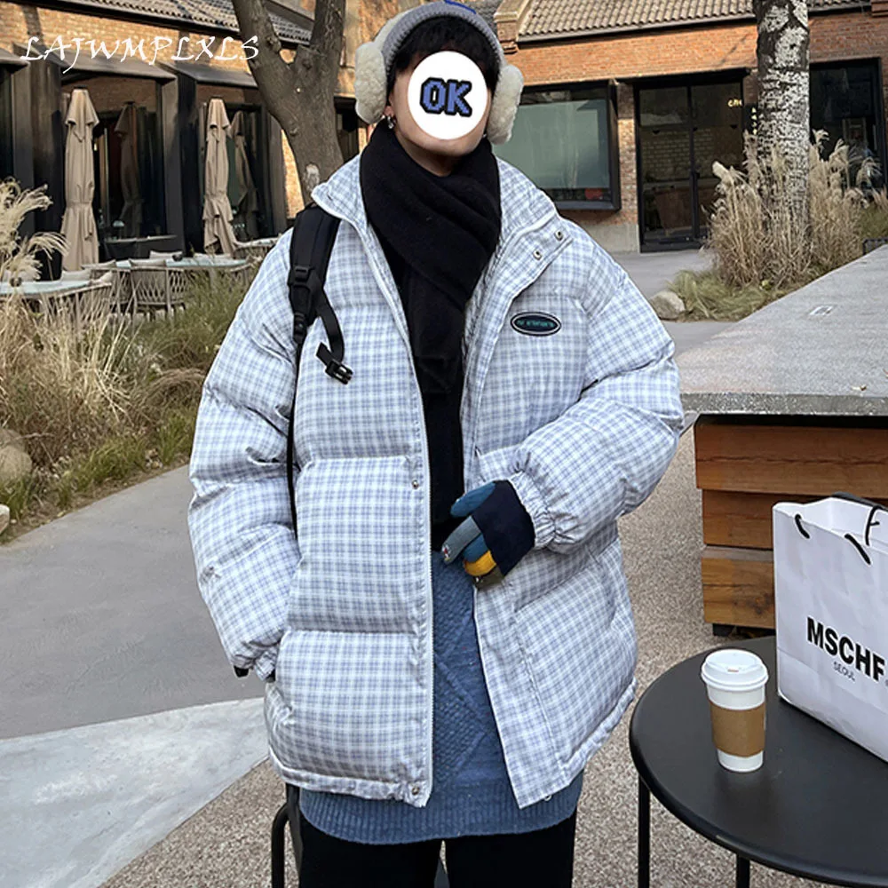 

Winter Men Cotton Parkas Plaid Vintage Zipper Stand Collar Warm Winter Jacket Women BF Harajuku 2021 Coat male