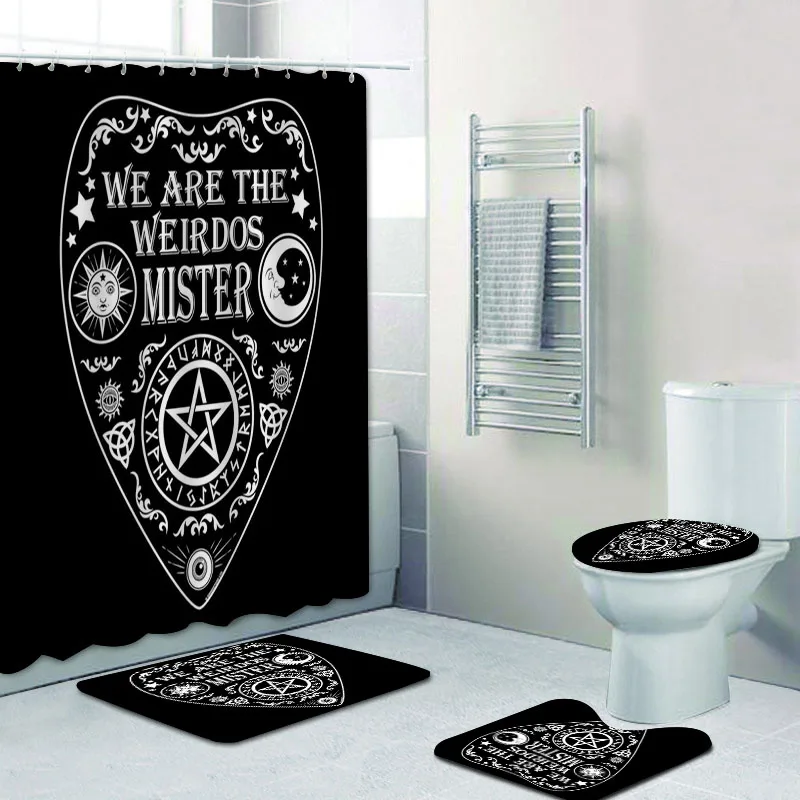 Novelty We're The Weirdos Mister Ouija Board Planchette Shower Curtain Set for Bathroom Witch Spirit Board Black Cat Mats Rugs