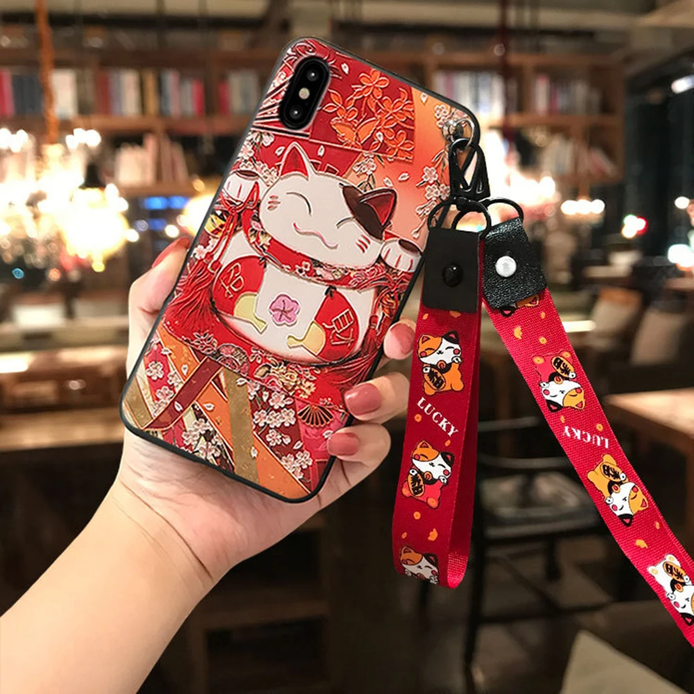 Модный милый чехол для телефона iPhone 6 6s 7 8 Plus X XS MAX XR Lanyard Lucky Cat Мягкий Силиконовый