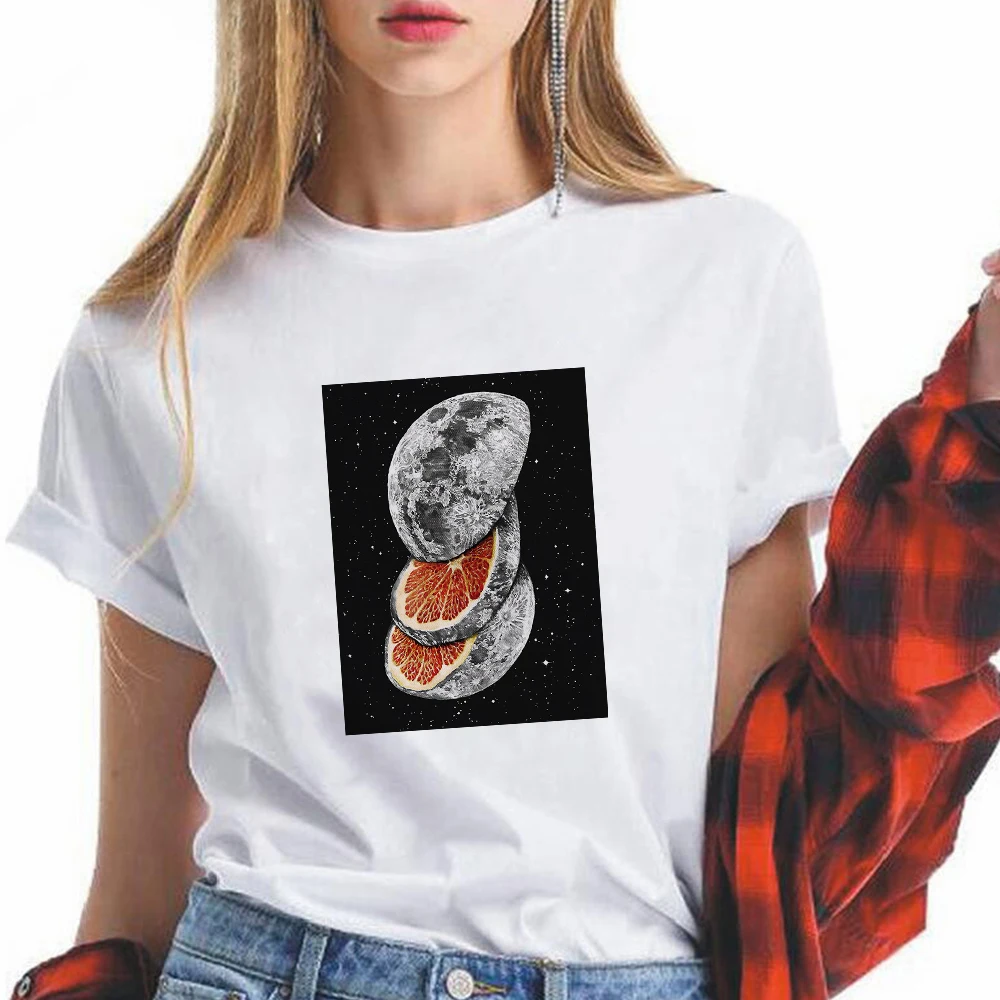

Planet Printed T-Shirts Women Fashion Streetwear Girls Short Sleeve Tops Tees Versatile Summer White T-Shirts Female Trendy