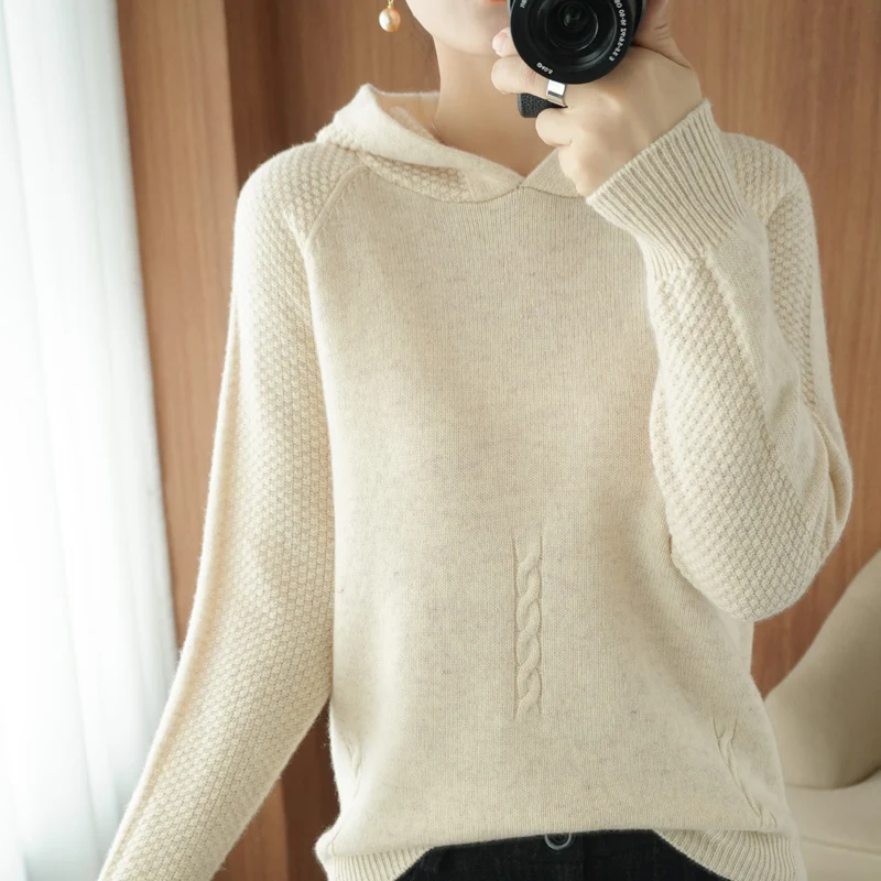 

2021 Autumn/Winter New Cashmere Sweater Women's Hooded Collar Pullover Thickened Warm Knitted Top Female 100% Pure Wool Jacket