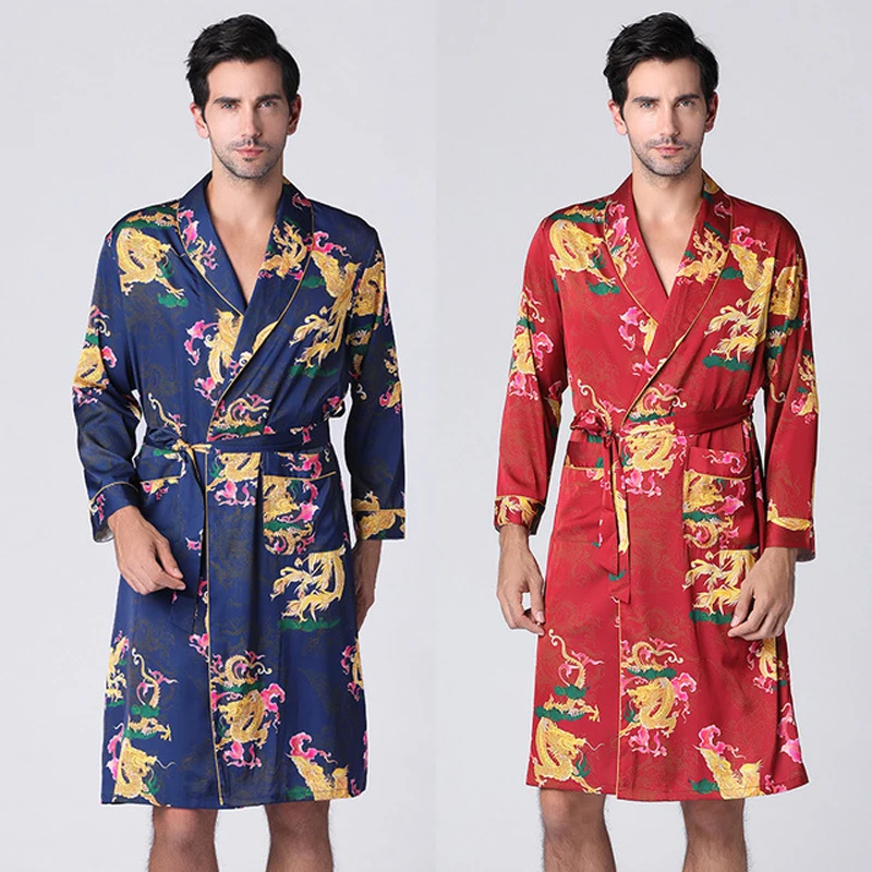 

Luxury Spring New Men's Silk Kimono Robe Oversize Long Sleeve Sleepwear Bathrobe Oversized Satin Nightgown Summer Home Clothing