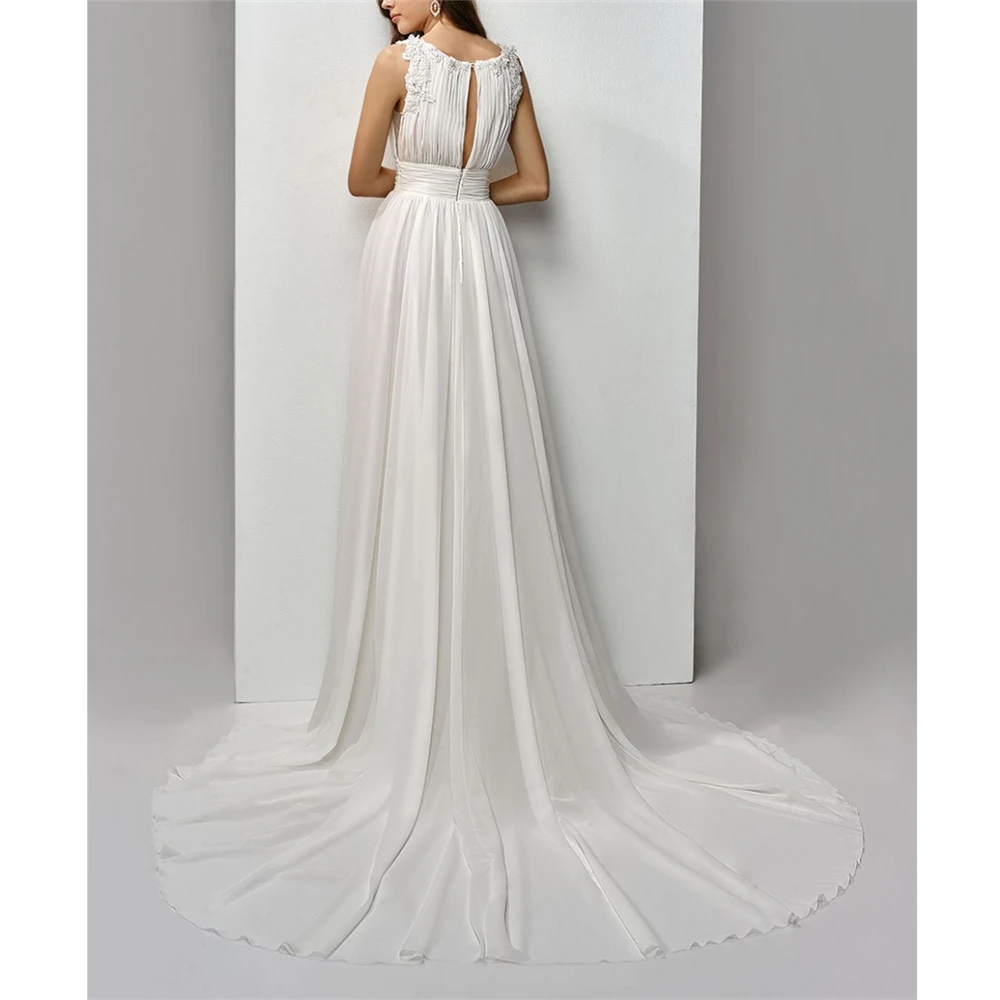 

Simple White Chiffon Wedding Dresses Scoop A-line Flowers Appliques Beading Crystals Simple custom-Made Noiva Vestidos Bridal