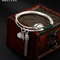 bastiee 990 silver bangle bracelet for women vintage jade tassel carp fish lutos flower hmong handmade jewelry adjustable