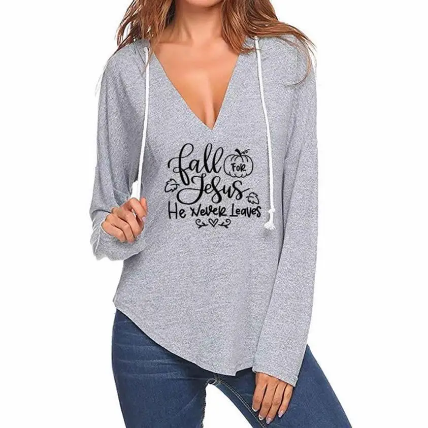 

V-Neck Hoodies For Women Fall Jesus Letters Print Bible Faith Sweatshirt Woman Cotton Tops Kawaii Casual Hoody Girls Sweet