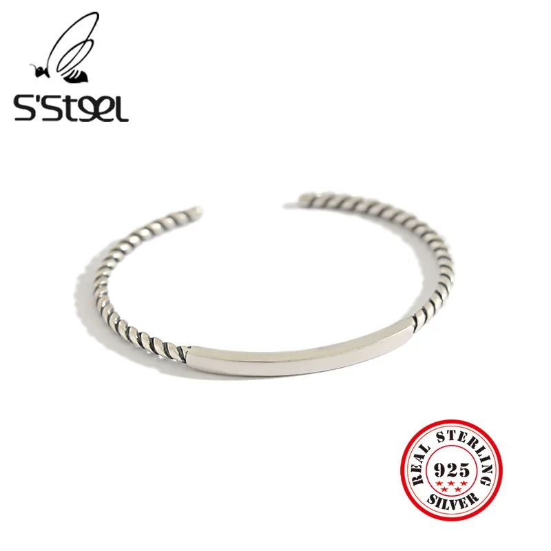 

S'STEEL Pure 925 Silver Twisted Rope Square Tube Bracelets Bangles For Women Open Bracciale Bijoux Argent 925 Massif Pour Femme