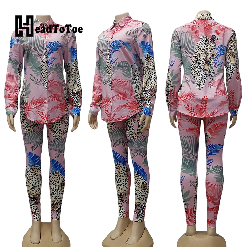 

Tropical Print Button Fashion Tropical Two Piece Outfits Women Long Sleeve Turn Down Collar Skinny Pencil 2 Piece Set Women