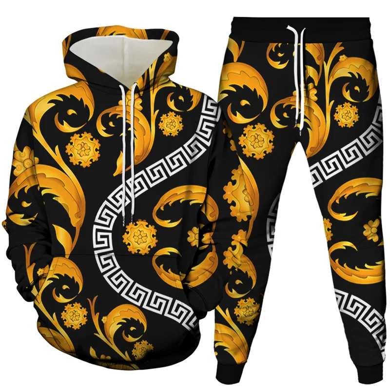 

2021Autumn and Winter New Men's Fashion Hooded Jacket 3D Retro Printing Casual Oversize Sports Two-Piece Suit S-6XL