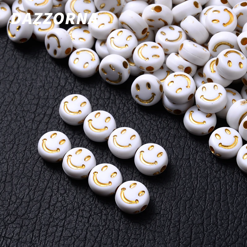 100 шт./лот 4x7 мм белые + золотые акриловые бусины с улыбающимся лицом плоские