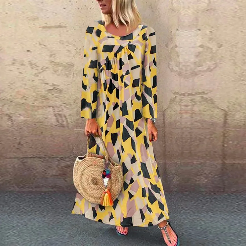 MISSOMO Maxi Dress Women Casual Plus Size vestidos Cotton Linen Print Long Sleeve Loose Boho robe femme vintage 815 | Женская одежда