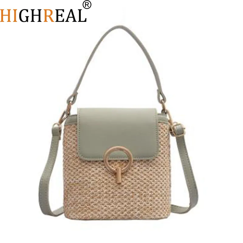 

HIGHREAL Summer Crossbody Bags Lady Travel Purses and Handbags Female Shoulder Messenger Bag Small Straw Bucket Bags For Women