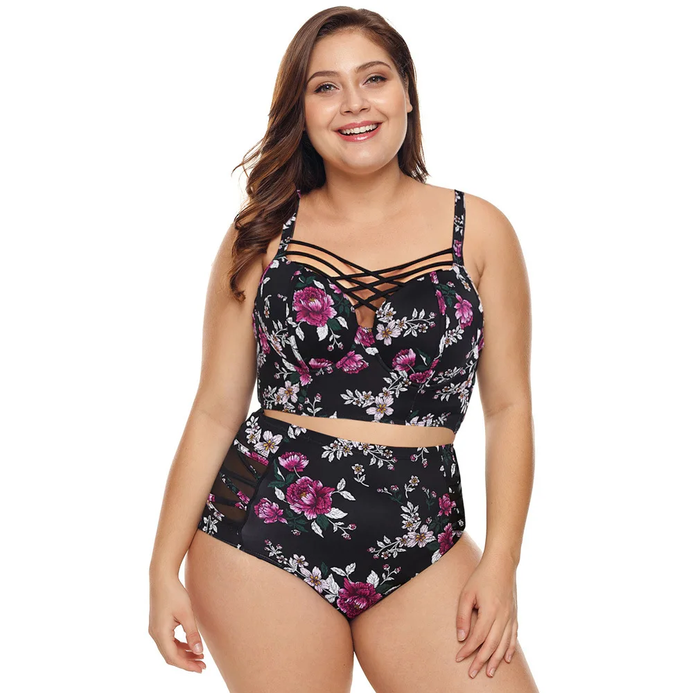

Swimwear New Printed Strap Chest Cross Belt High Waist Grid Stitching Plus Size Split Swimsuit