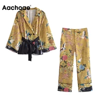 aachoae women vintage 2 piece sets casual floral print kimono side split batwing long sleeve shirts with belt fashion long pants