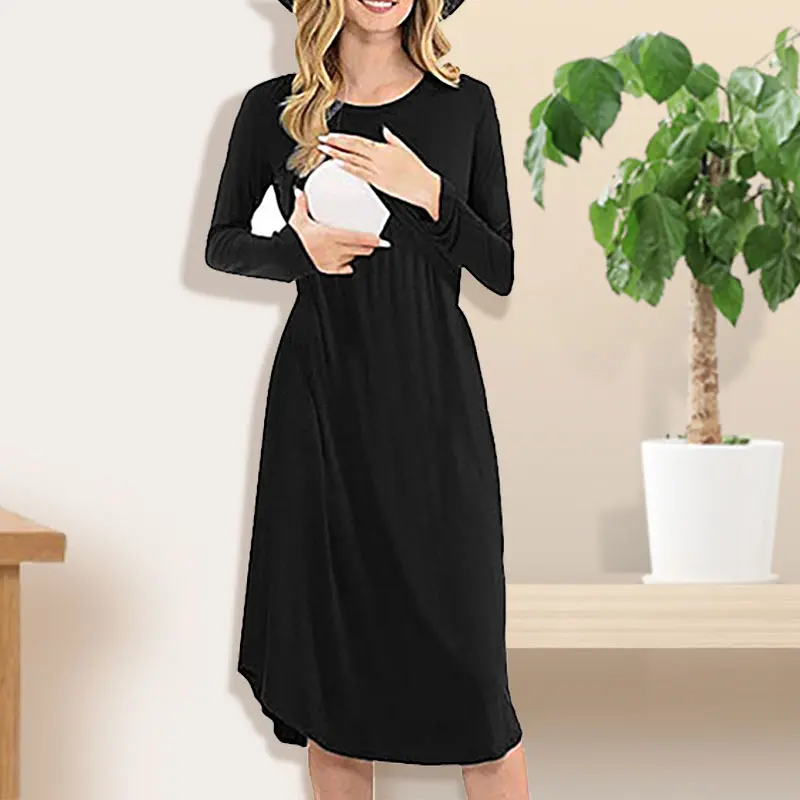 Платье для беременных Мягкое хлопковое платье зимнее однотонное с длинными