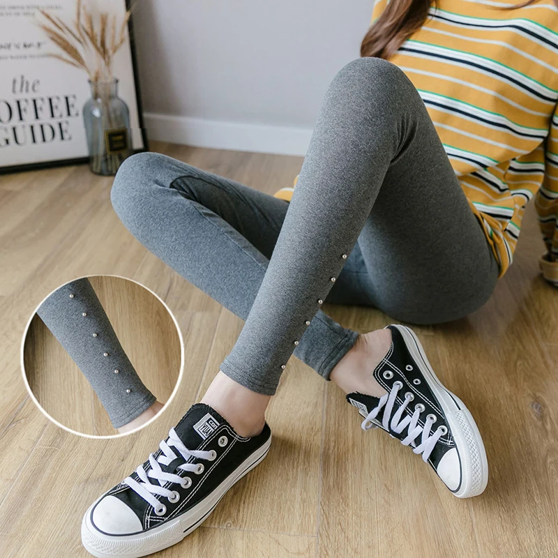 Женские хлопковые леггинсы с бисером повседневные эластичные лосины Брюки