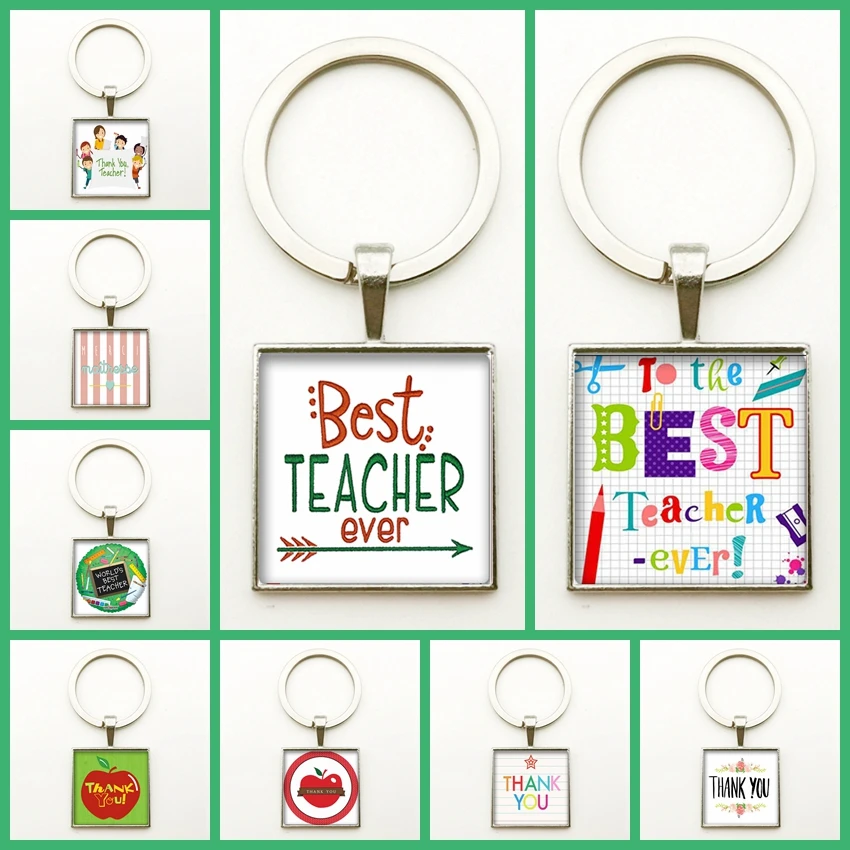 New Square Pendant Keychain Thank You Teacher Square Glass Convex Round Face Best Teacher Image Ever Key Ring Teacher's Day Gift