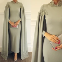 capped chiffon arabic muslim evening dress party 2021 appliques pearls long sleeve formal evening gown robe de soiree