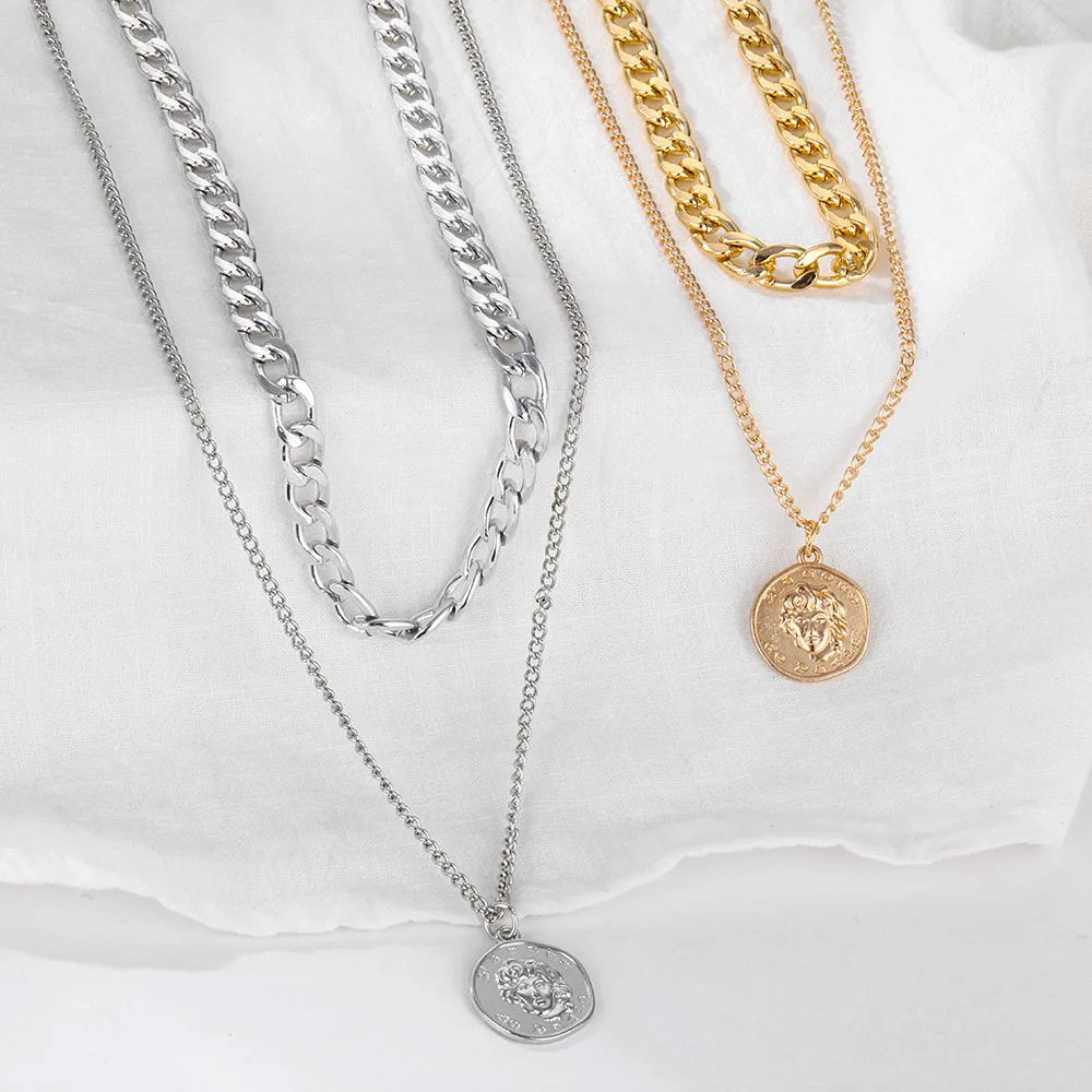 

FNIO 2021 Trendy Multilayered Coin Necklace For Women Gold Geometric Round Necklace Beads Chain Choker Necklaces Gifts Jewelry