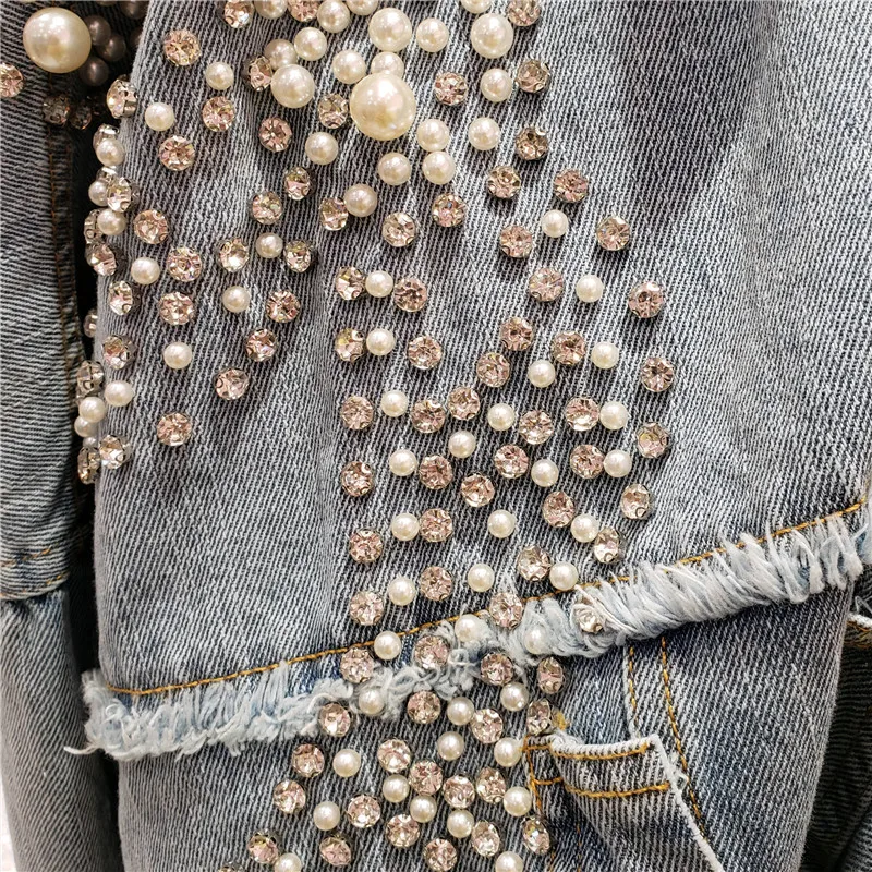 

2021 INS Trend Beading Denim Coat Fashion Lady European Hot Spring Tops Diamonds Broken Pockets Loose Women Jean Jacket Mujer