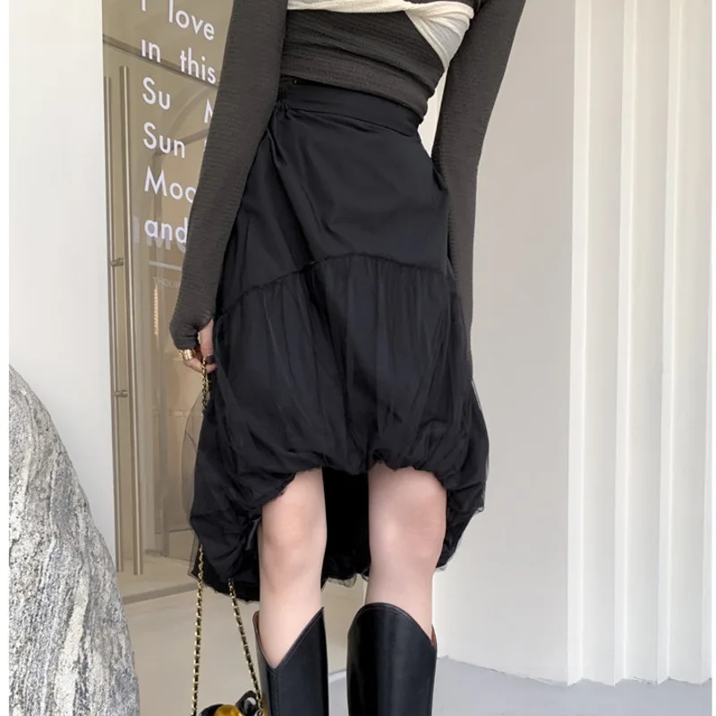 

LANMREM 2021 Summer Irregular Skirts Women New Niche Mesh Skirt Versatile High Waist A-line Black Skirt 2D1375