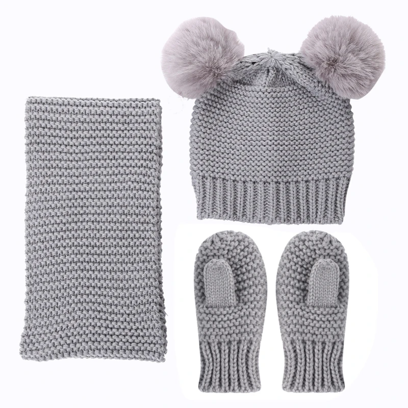 

Hat Scarf Gloves Set Beanie Cap Children Fake Ball Pompon Warm Winter Mittens J2HD