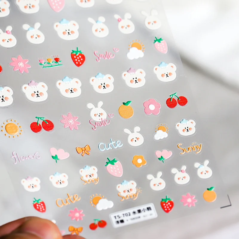 

New 5D Engraved Nail Sticker Colorful Lovely Animal Flower Heart Lollipop Desgin Empaistic Nail Slide Decals Z0472