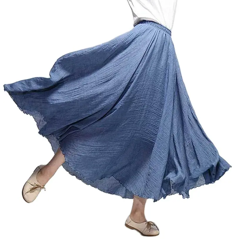 

Women's Elegant High Waist Linen Maxi Skirt 2021 Summer Ladies Casual Elastic Waist 2 Layers Skirts saia feminina 20 Colors SK53