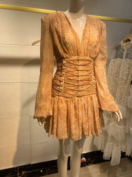 

CY Resort series aesthetic printing dress with cross-lacing decorative plastic waist deep V sexy bubble sleeve dress summer girl