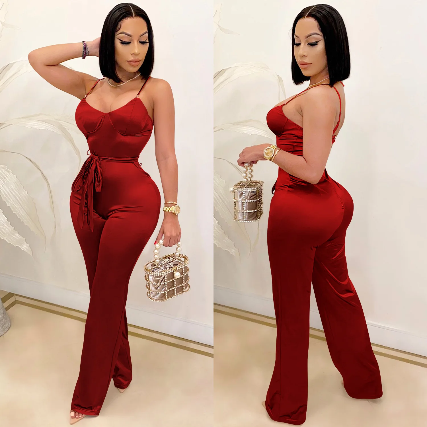 New Women Spaghetti Strap Sleeveless Straight Jumpsuit Women Sexy Club Open Back High Waist Rompers One Piece Overalls Plus Size