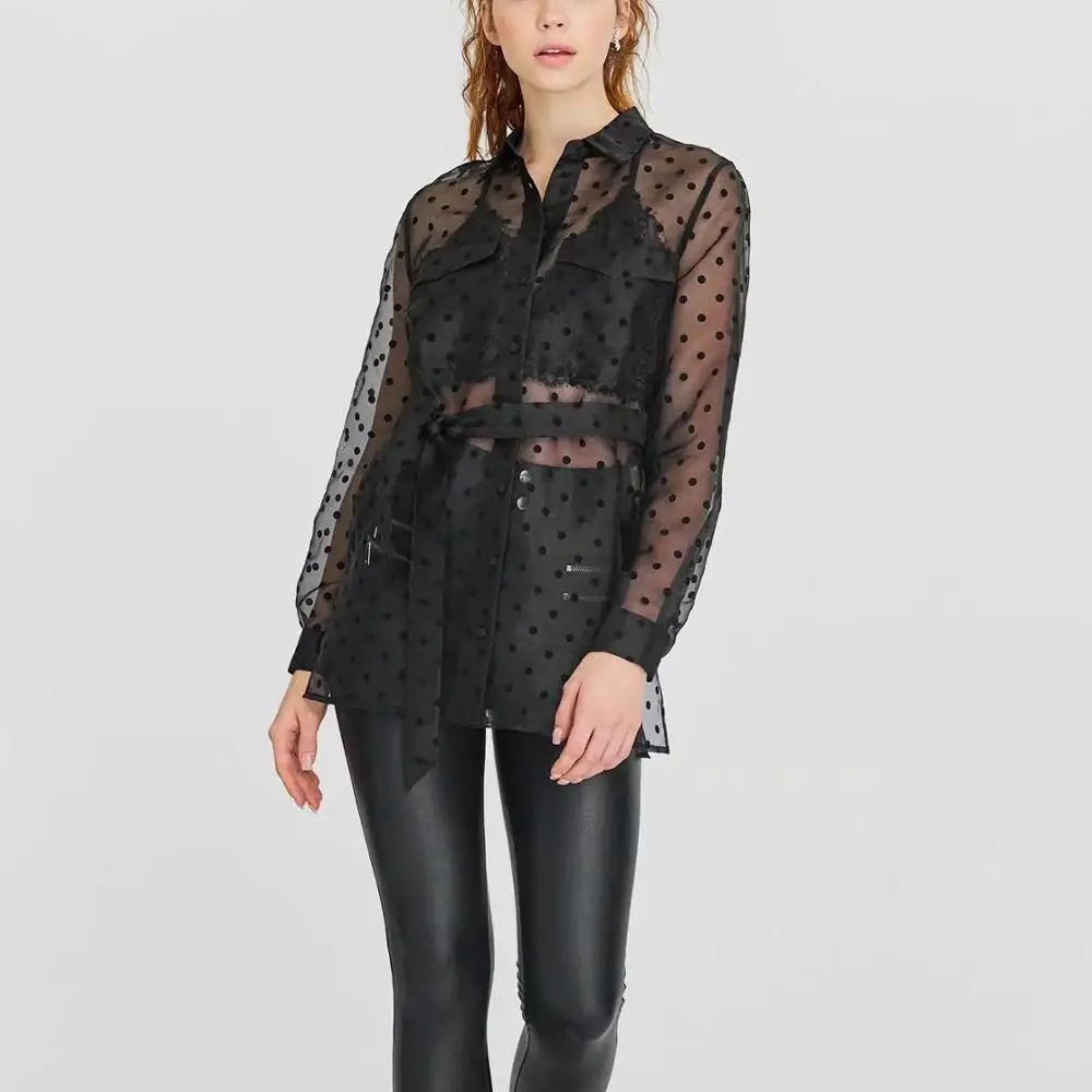 Женская шифоновая блузка в горошек черная прозрачная повседневная одежда с