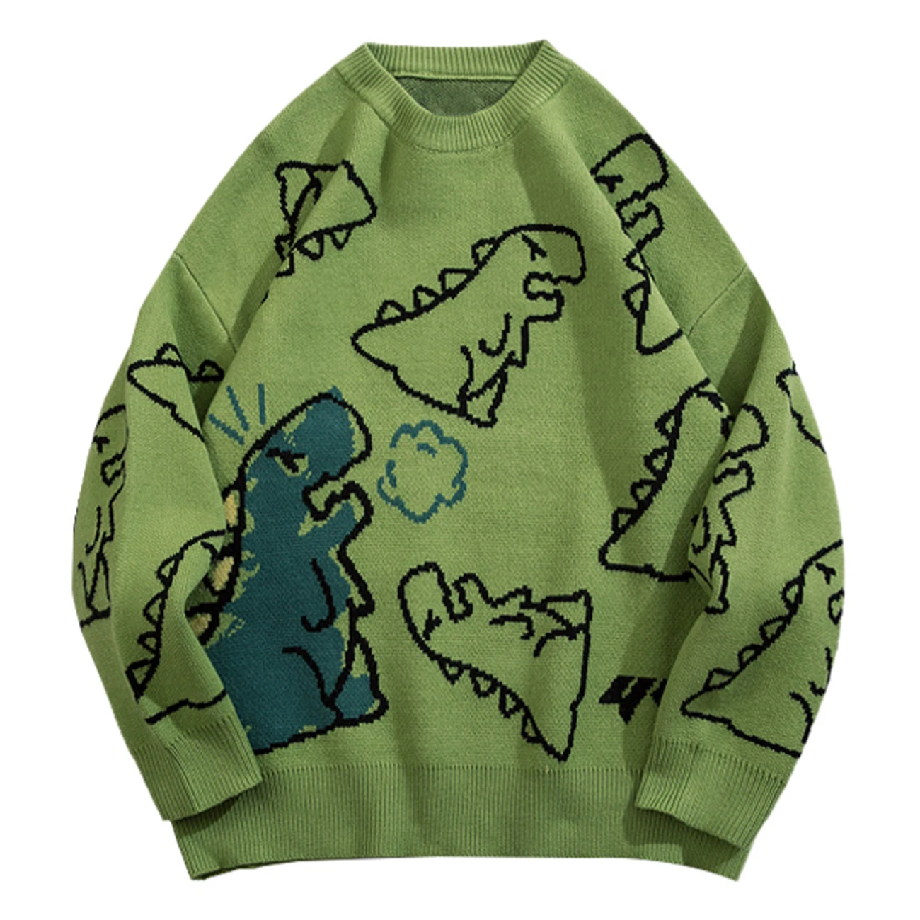 

Harajuku Men Women Sweater Pullover Streetwear Dinosaur Pattern Winter Knitted Sweater Hip Hop Casual Loose Tops Green