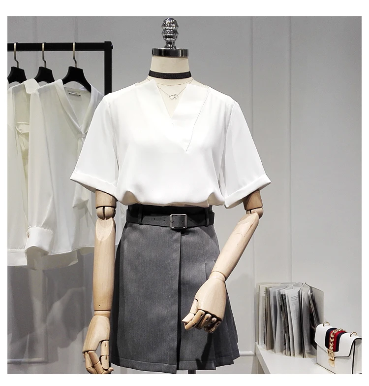 

Women's Spring Autumn Runway Fashion White Chiffon Shirt Female V Neck Casual Loose Office Lady Basic Blouse Tees Tops TB1681
