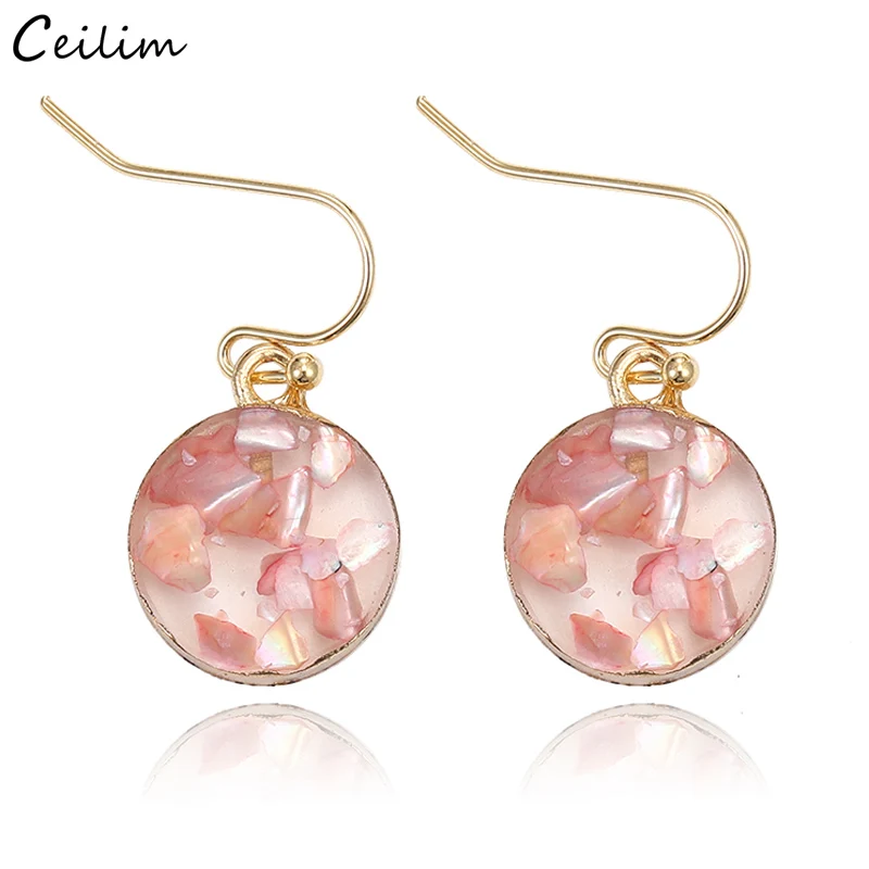 2020 Cute Pink Round Shell Earrings For Women Girls BOHO Golden Resin Drop Earring Brincos Korean Fashion Party Jewelry | Украшения и