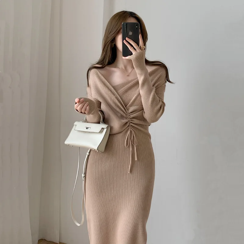 

Nowsaa Korean Sweater Dress Women Backless Knitted Jumpers Sexy Female Japan Spring Autumn Elegant V Neck See Through Pullover