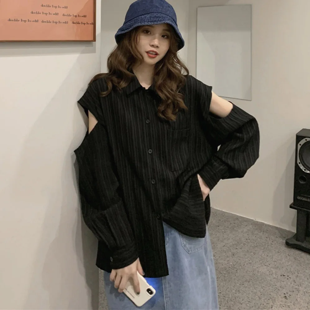 

Korea Chic Women Blouse Lapel Pleated Texture Loose Long-sleeve Shirt Retro Carefully Machined Hole Shirt Blouse