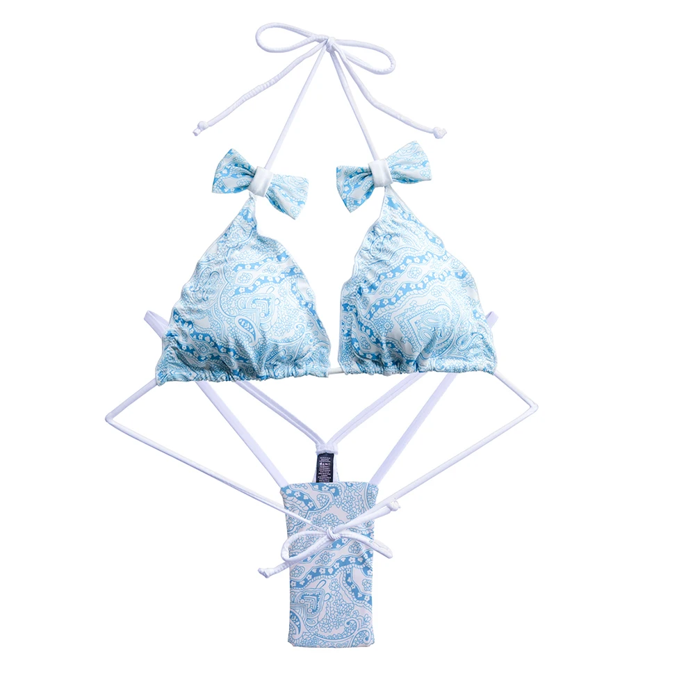 Summer Women Bow Triangle Bikini Set Secret Swimsuit Biquini Thong Bottom brazilian Bathing Suit Cheeky Swimwear Blue Print