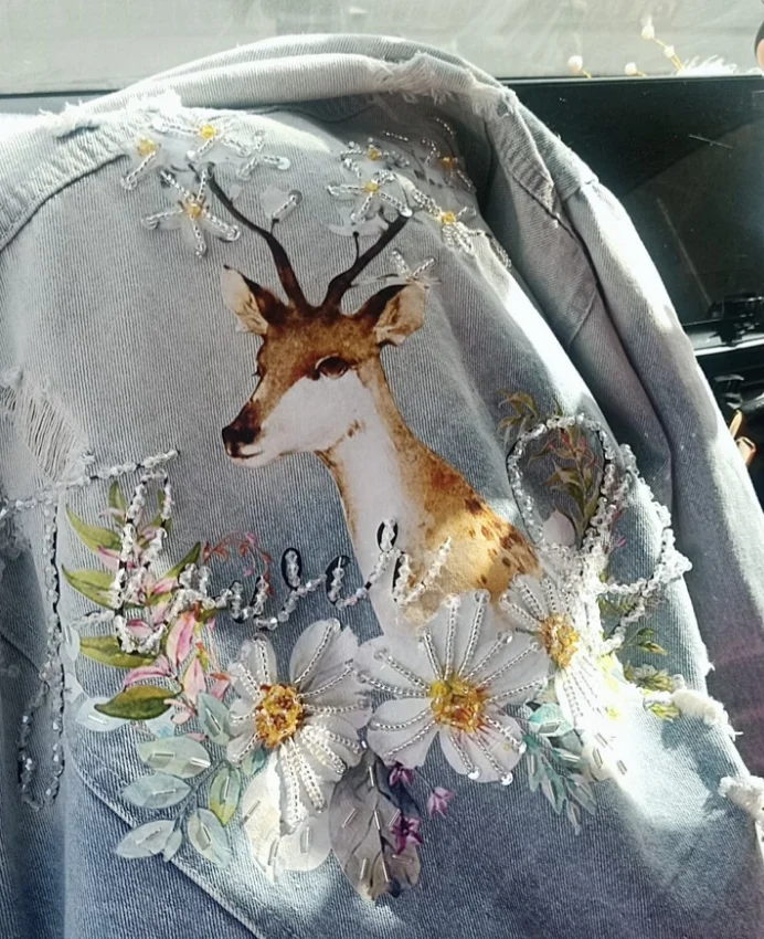 

Harajuku Denim Jean Jacket for Women Streetwear New Heavy Beaded Printing Deer Ripped Denim Jackets Women Loose Jacket Coat
