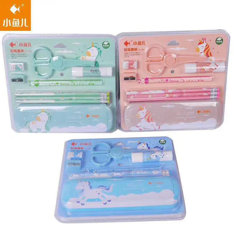 

Pencil Set Rubber Scissors Solid Glue Ruler Pencil Case Sharpener Gift Set School Supplies Students School Stationery for Girls