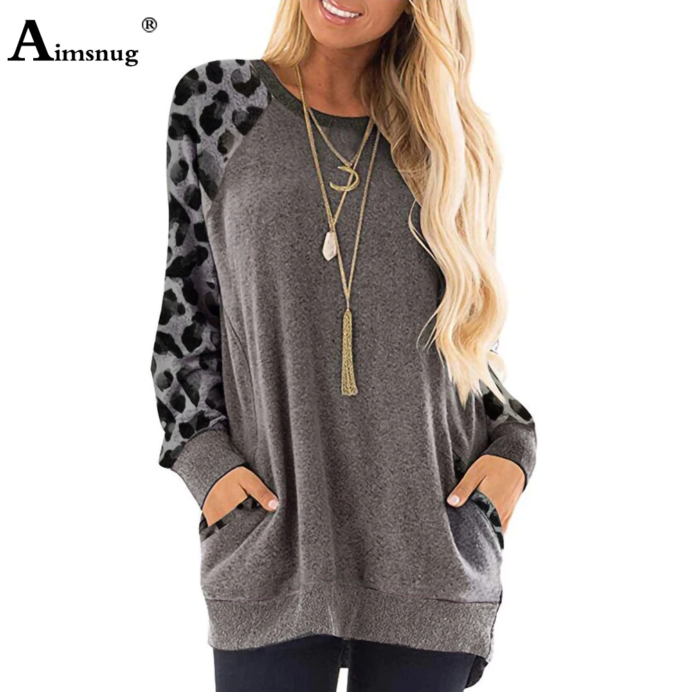 

Aimsnug Patchwork T-shirt Women Top Round Neck Long Sleeve Gray Khaki Casual Shirt 2021 Spring Autumn Loose Femme Clothing 2020