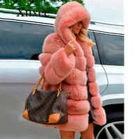 fashion fur coat women long faux fox fur jacket with big fur hood full sleeve winter thick fur
