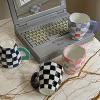contrast checkerboardhand drawnhand held cupceramic muglattice coffee milk cuplovely giftwater cupornament ins decoration