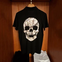new design skull style hot diamond pure cotton black casual sweatshirt fashion polo summer mens t shirt