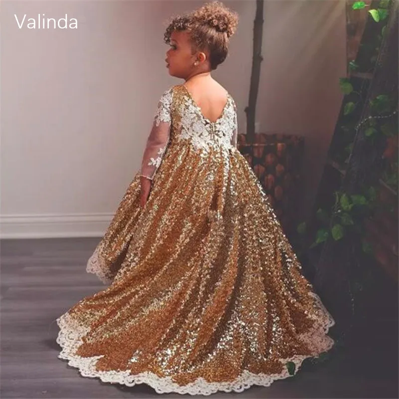 

Long Sleeves Gold Sequin Girl Dress for Wedding Birthday Formal Occasion Pageant Couture Children Clothing