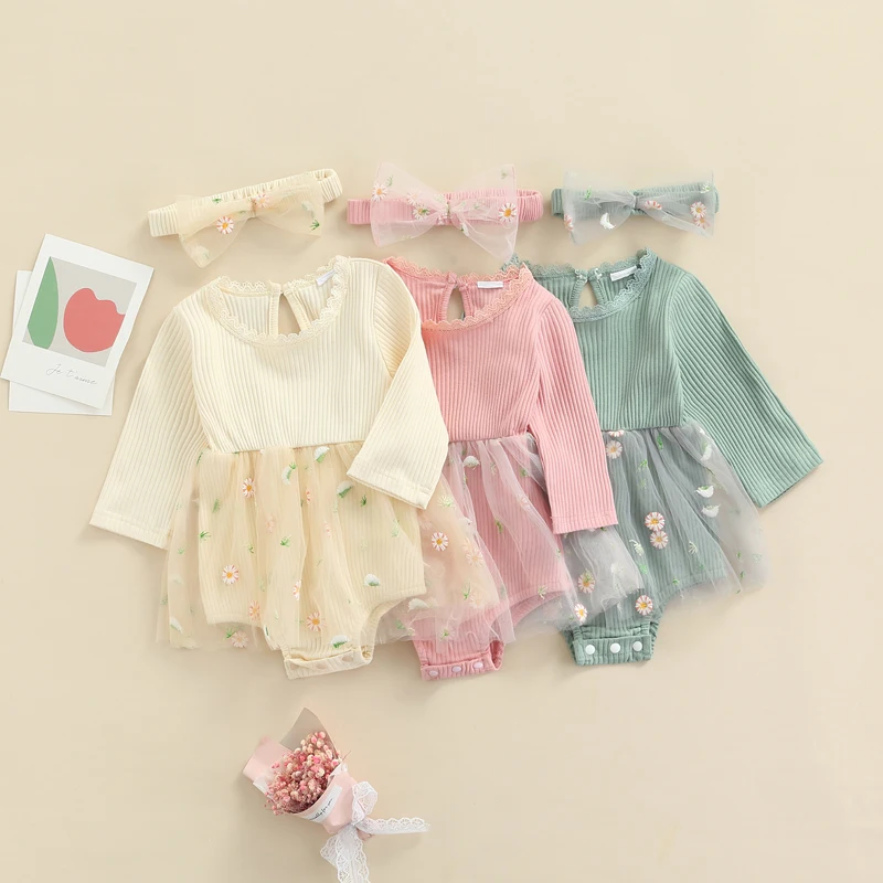 

Newborn Baby Girls 2Pcs Fall Outfits Long Sleeve Rib Knit Romper Floral Tutu Dress + Headband Set