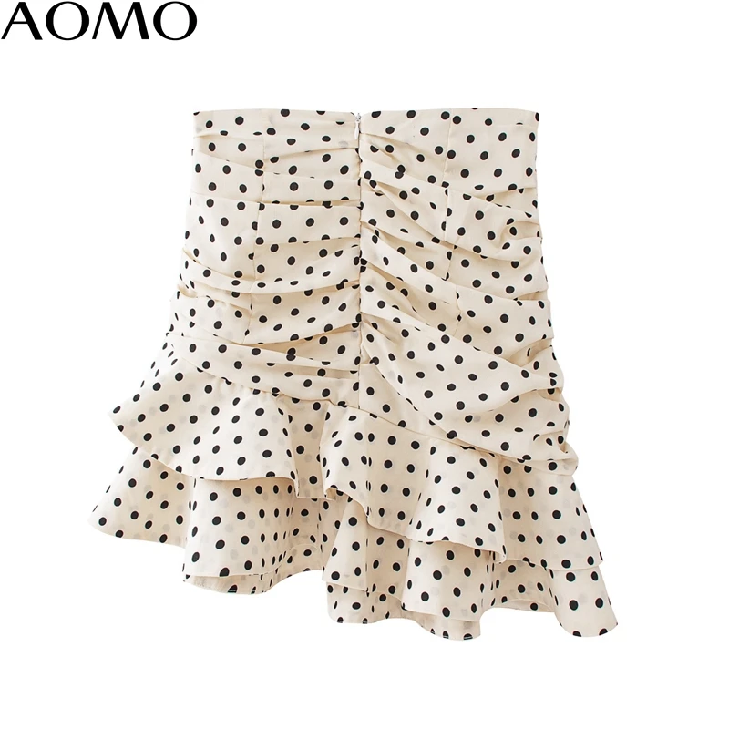 

AOMO women dots print pleated 2020 za skirt faldas mujer vintage side zipper ladies elegant chic short skirts QJ45A