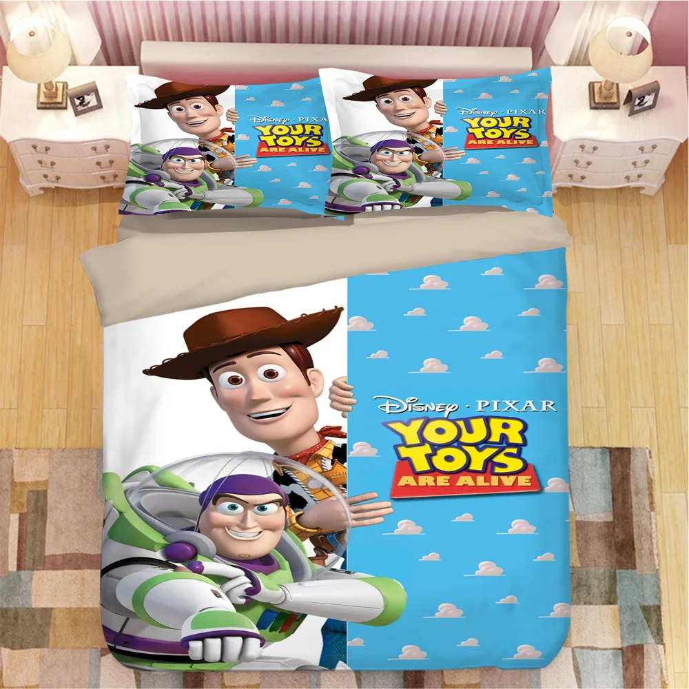 Disney Toy Story Buzz Lightyear Woody Bedding Set Duvedown Quilt Cover Pillowcase Double Queen Size Boys Adult Bedroom Decor