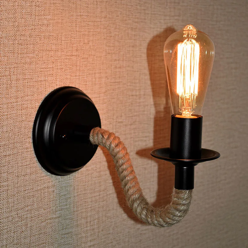 

Vintage Lights Fixture Wall Lamp Sconce Industrial Retro Hemp Rope Decor Indoor LED