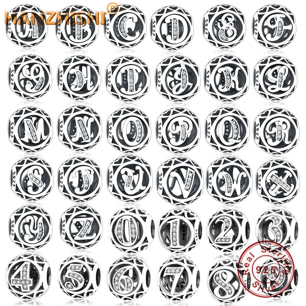 Цена оптовой продажи 100% 925 стерлингового серебра с принтом цифр и букв С бусинами